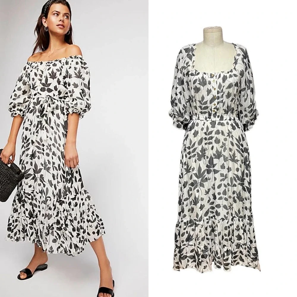 Carolina K for Free People Alexa Maxi Dress White Black Leaves Size Small